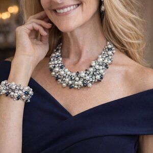 Statement Crystal & Pearl Choker Necklace with Matching Bracelet